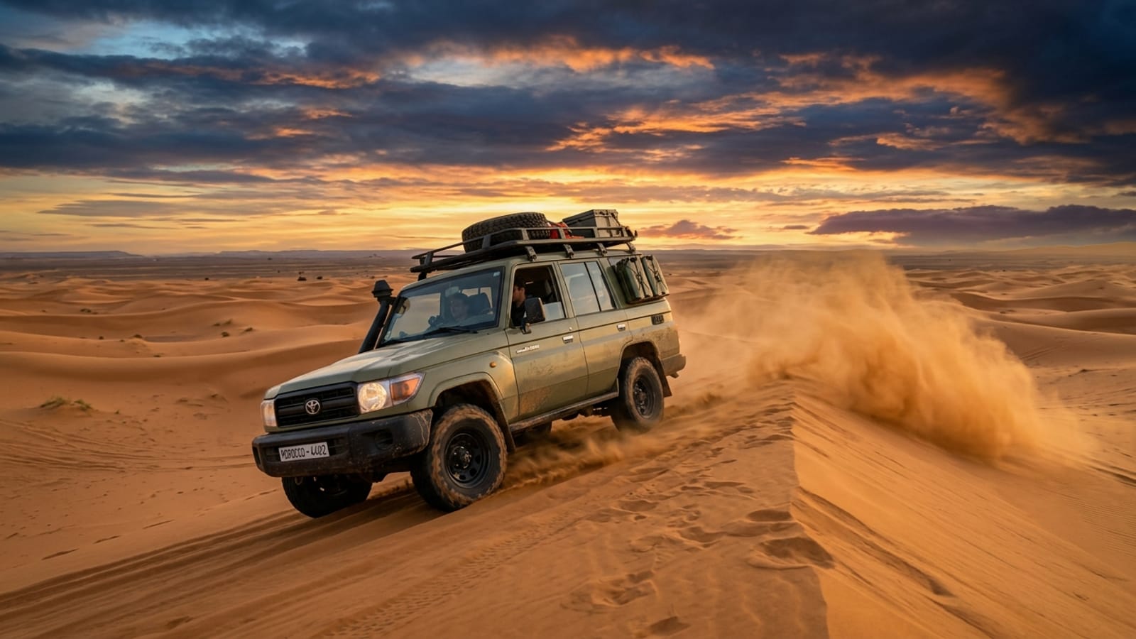 A 4x4 safari vehicle cresting a towering golden Namibian sand dune at sunset, inviting adventure