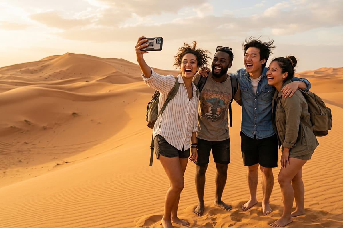 A diverse group of young happy travellers laughing and taking a group selfie together on a Namibian safari at golden hour