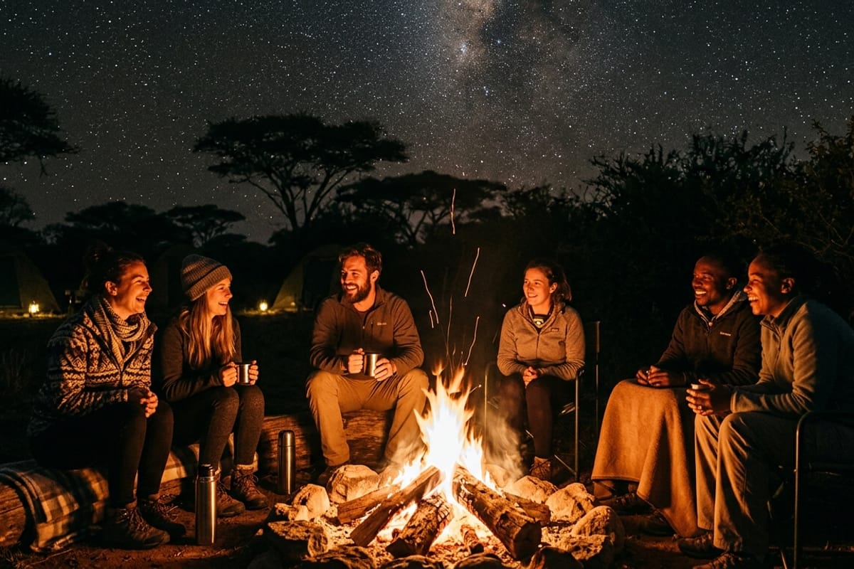 Young friends toasting marshmallows around a campfire at a Namibian campsite under a starry sky