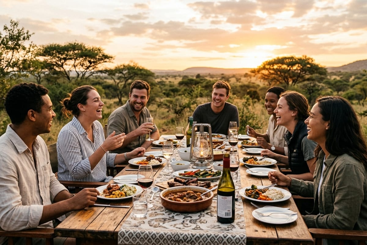 Young travellers sharing a meal and laughing together at a Namibian self-catering outdoor dining table