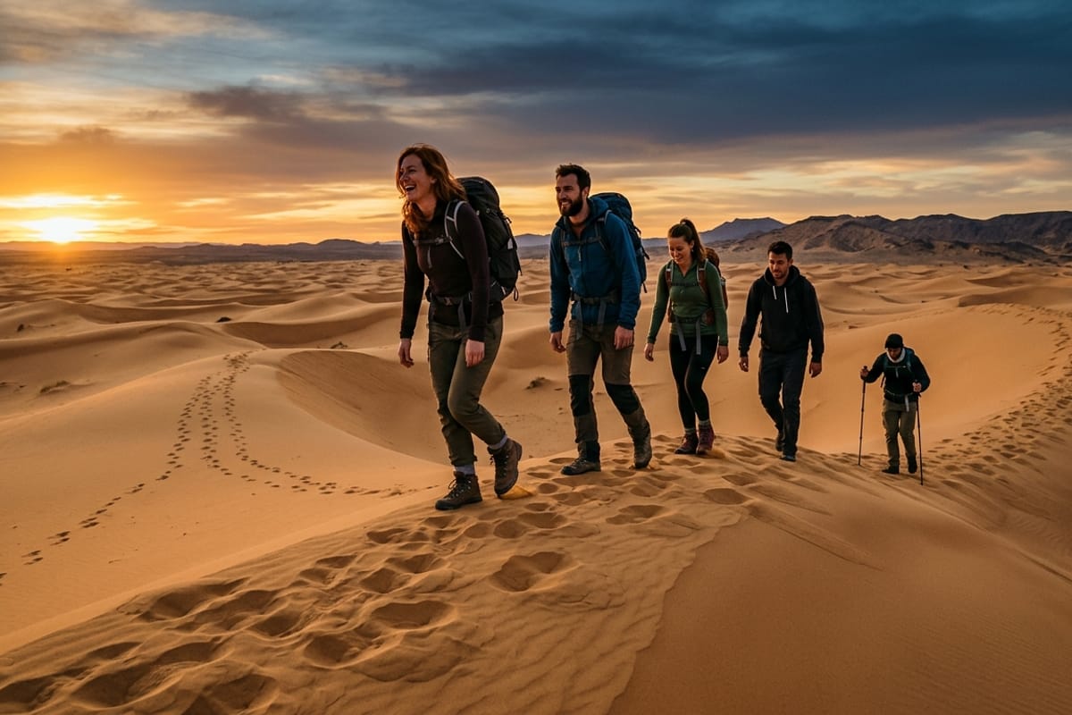 A group of young travellers hiking together on red sand dunes in Namibia at golden hour