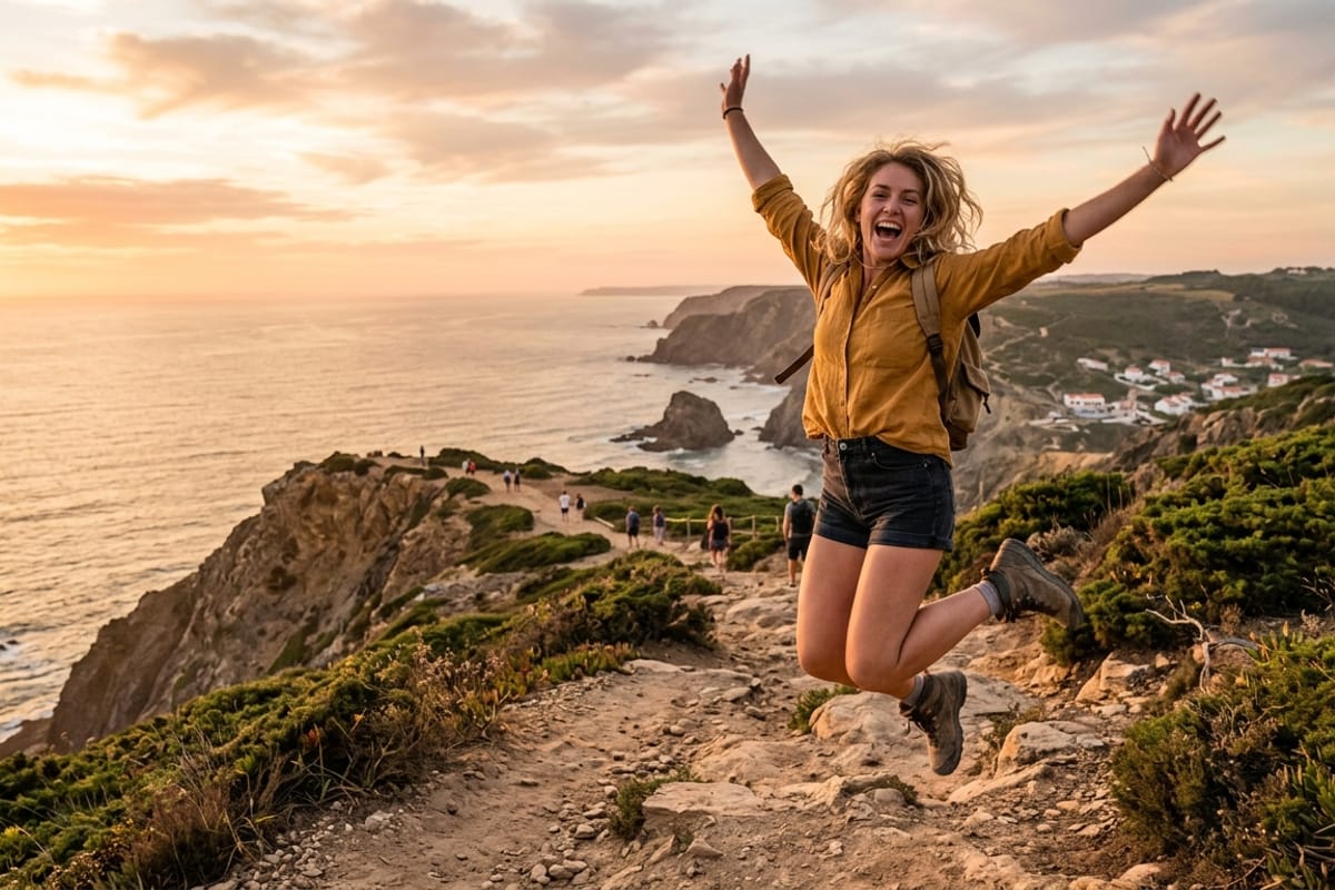 A group of young diverse travellers celebrating and jumping joyfully at a scenic Namibian overlook