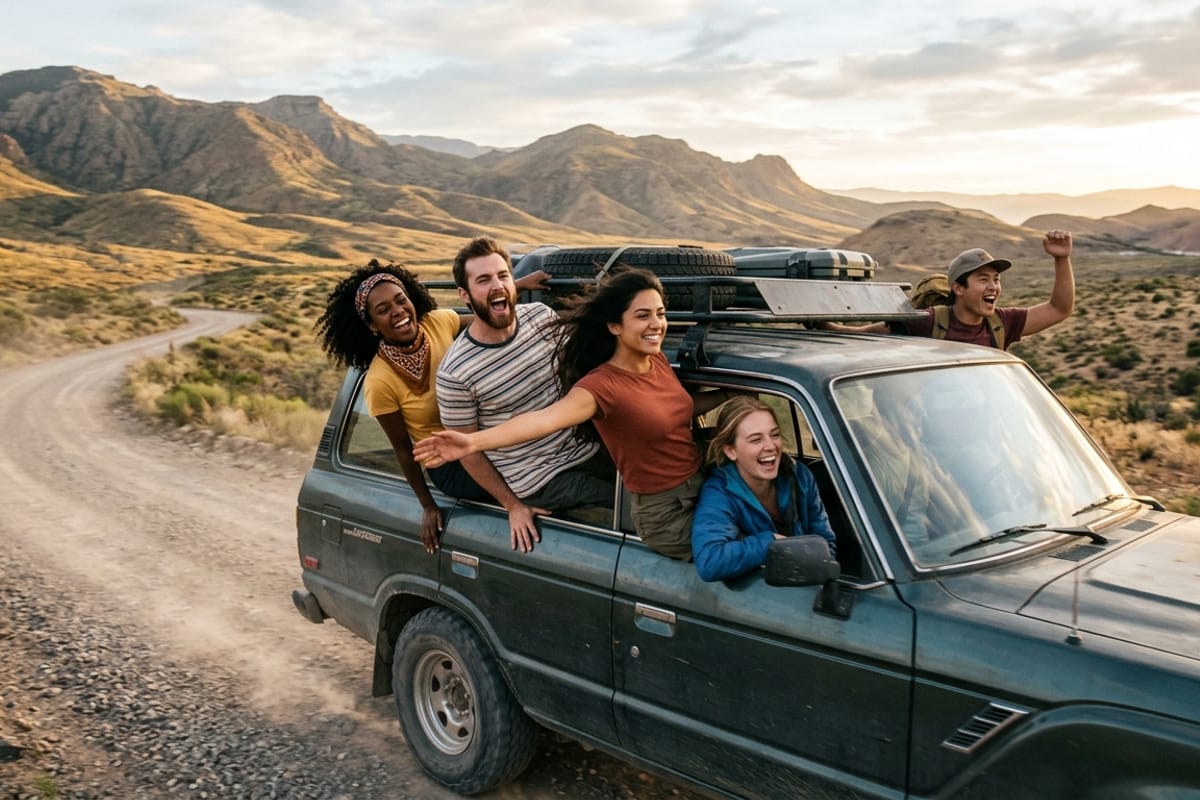 Young friends enjoying a scenic road trip in a convertible SUV through the Namibian desert