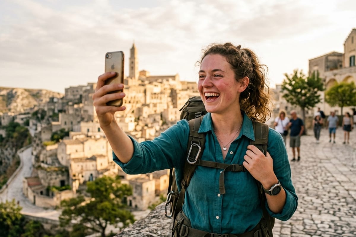 A group of young diverse travellers laughing and taking selfies together on a Namibian safari