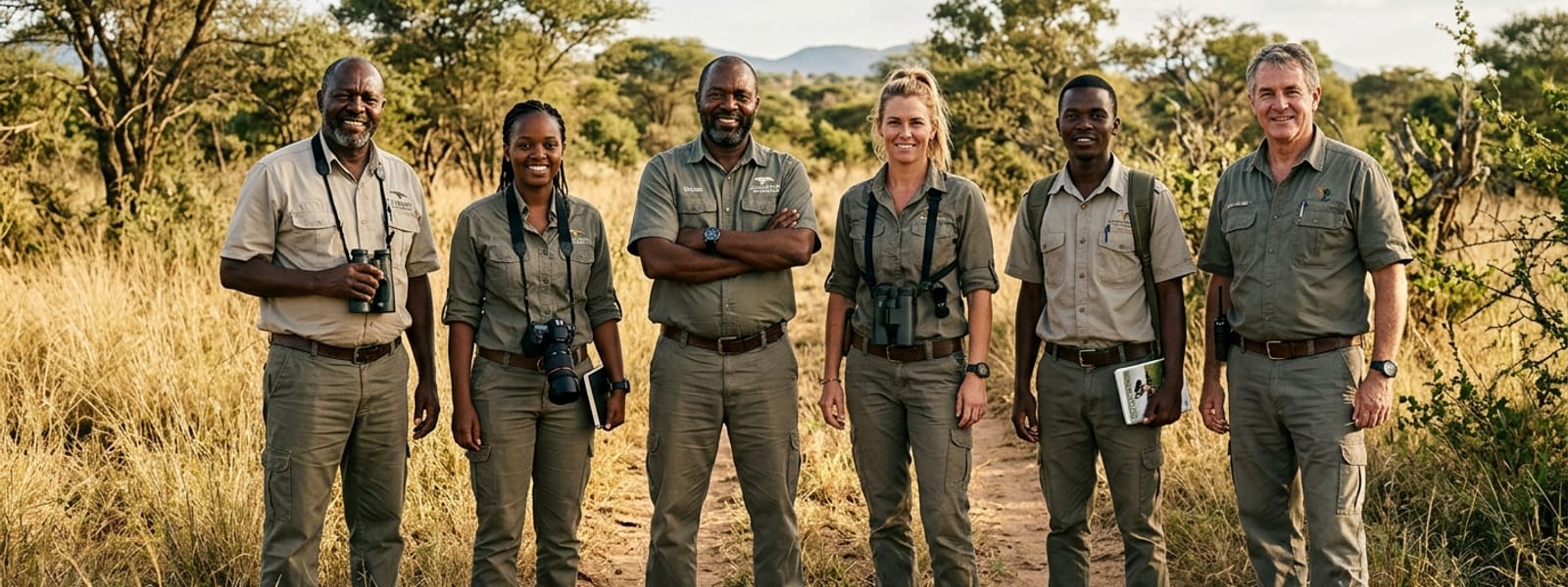 A diverse group of young Namibian tour guides and international travellers posing and laughing together outdoors on the savanna at golden hour