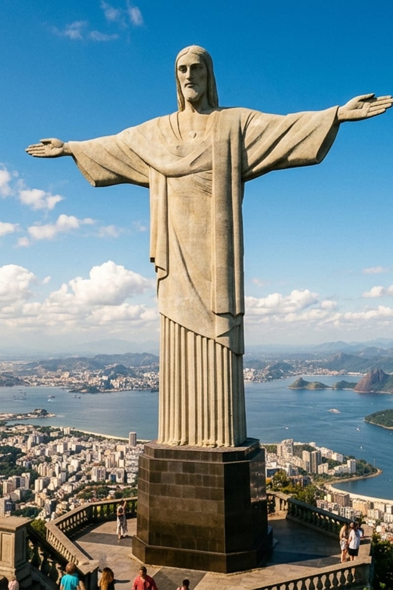 Young backpackers with hiking packs posing in front of Christ the Redeemer statue in Rio de Janeiro Brazil