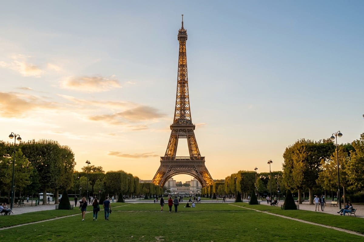 A group of young diverse international travellers taking a joyful selfie in front of the Eiffel Tower in Paris at golden hour