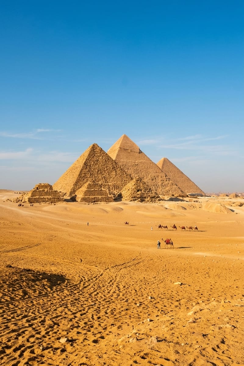 A group of young friends on camelback in front of the Great Pyramids of Giza Egypt at sunset