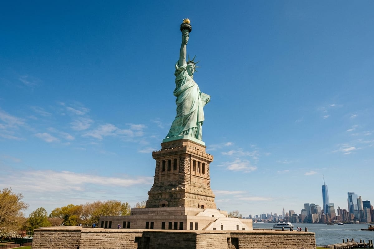 Young diverse travellers celebrating with arms raised in front of the Statue of Liberty in New York Harbor on a clear sunny day