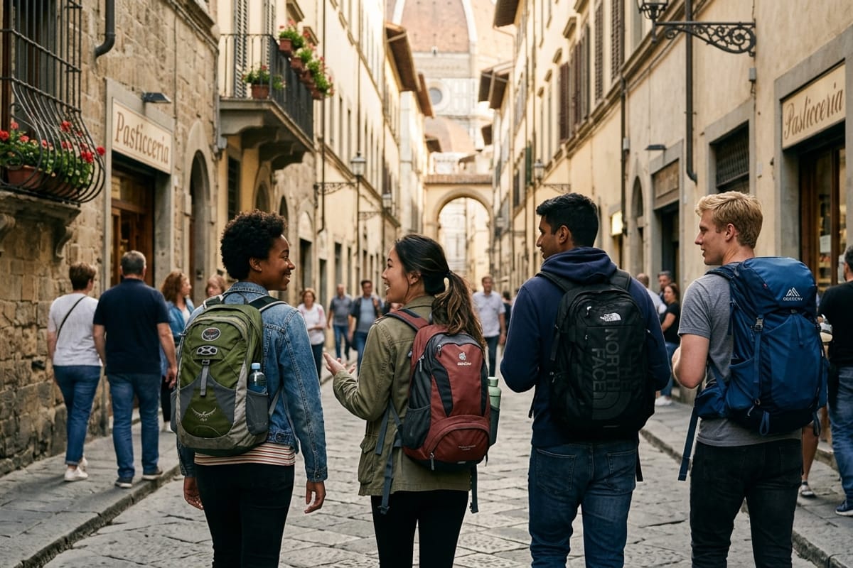 Young student backpackers with large hiking packs sitting on hostel steps laughing together in a vibrant foreign city street
