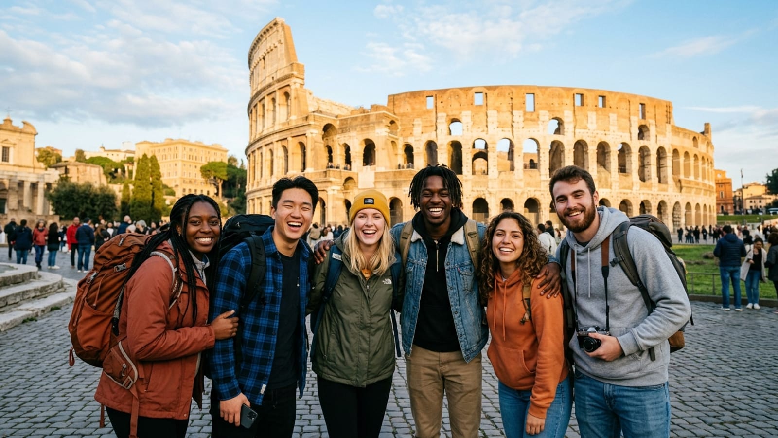A diverse group of excited students taking a selfie in front of a global montage featuring the Eiffel Tower, Taj Mahal, Pyramids of Giza, and Statue of Liberty under a golden sunset