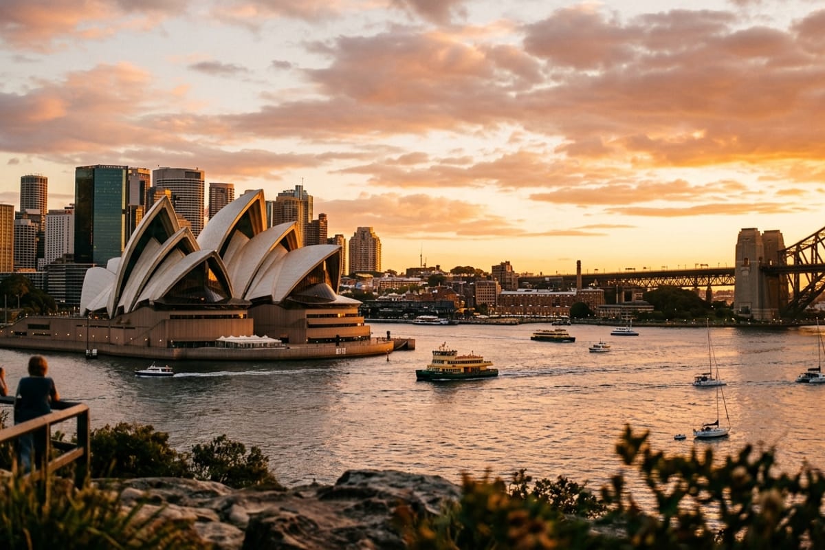 A diverse group of four young adult travellers smiling and taking a selfie together in front of the Sydney Opera House and Harbour Bridge on a bright sunny day