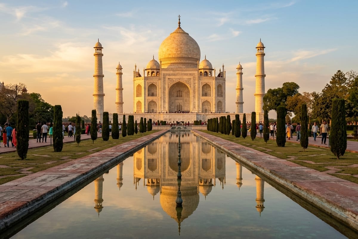 Young backpackers admiring the Taj Mahal in Agra India at sunrise with the marble dome glowing warm