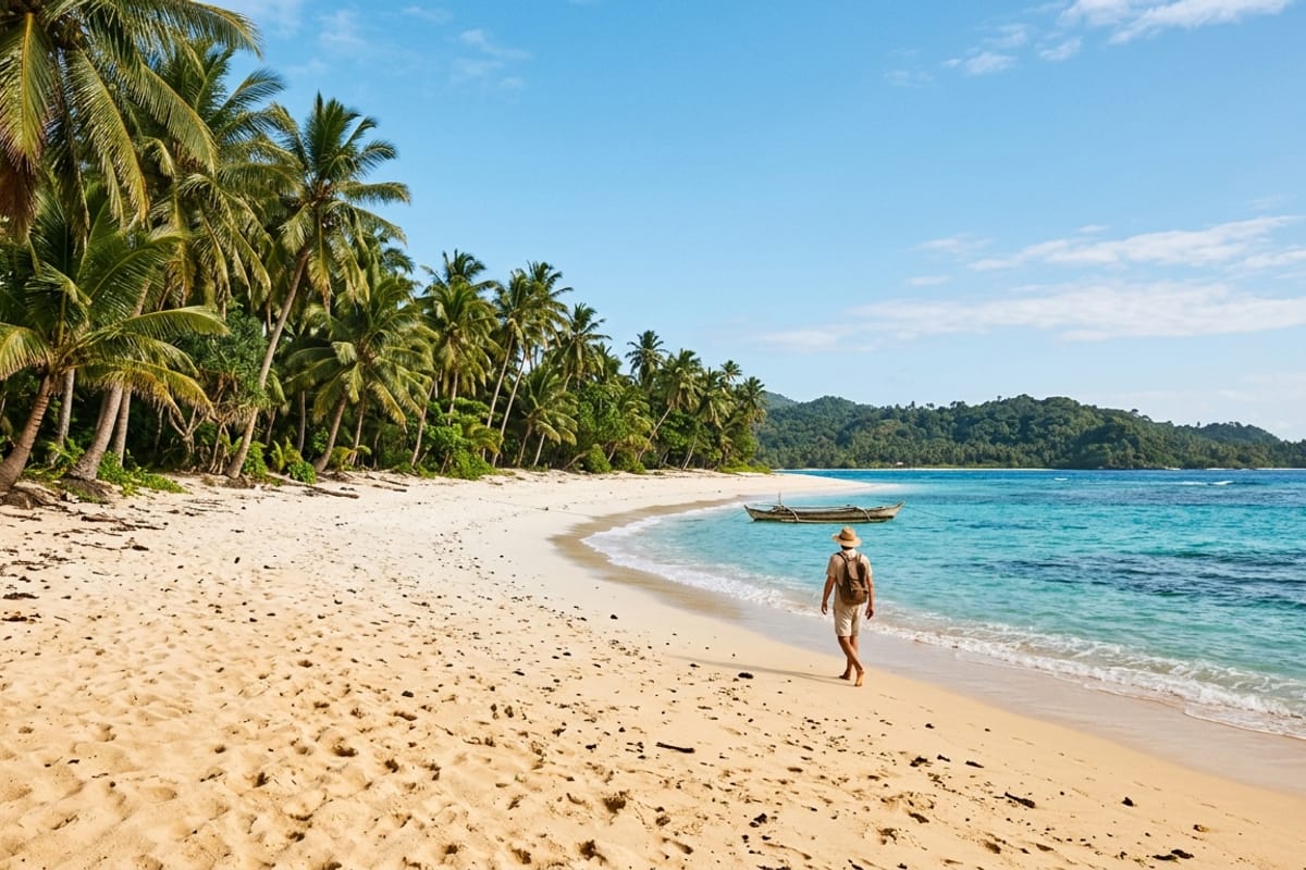 Four young adult travellers running joyfully along a white-sand tropical beach at golden-hour sunset, palm trees and turquoise ocean beside them